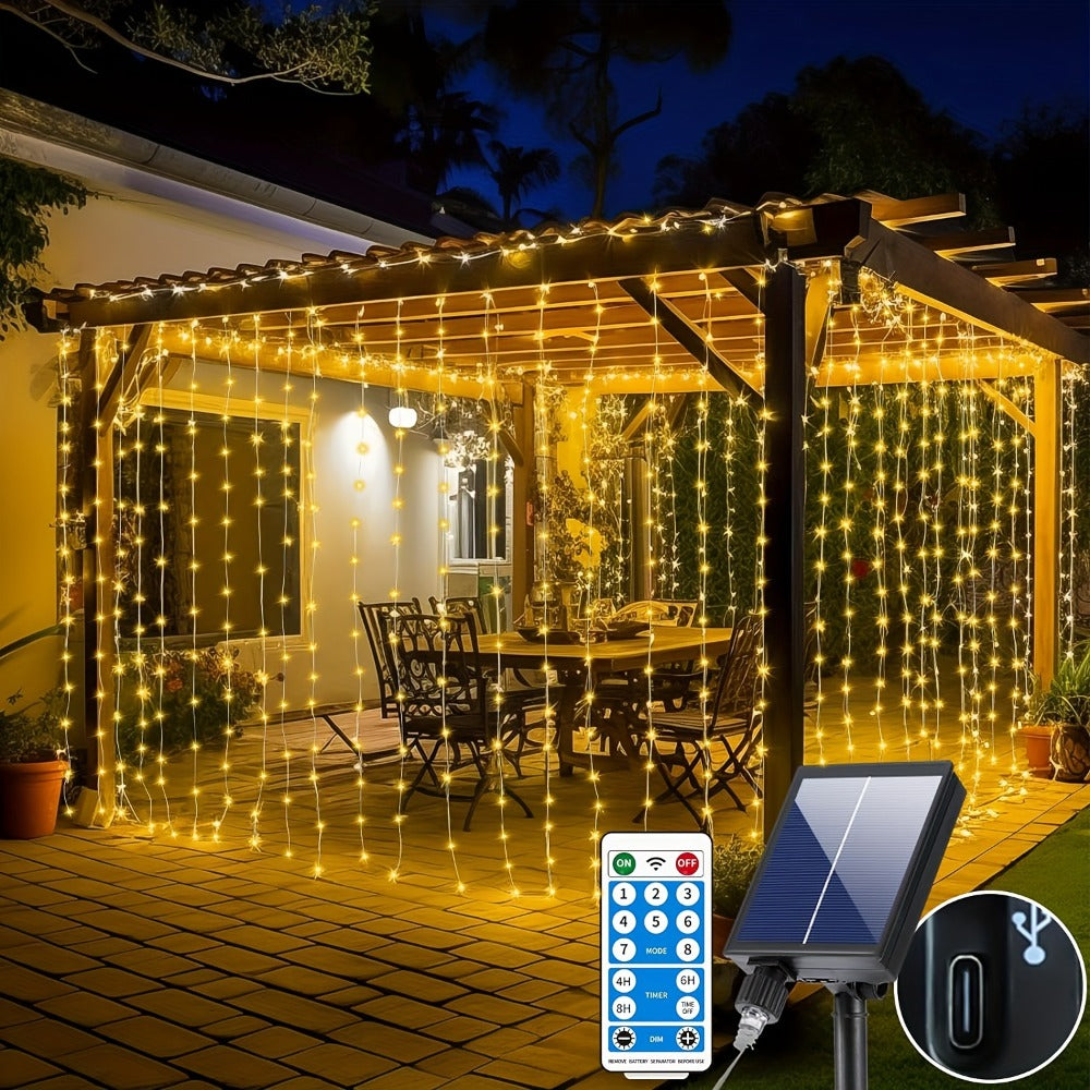 Solar Curtain Lights Outdoor 300 LED Waterfall Fairy String Lights with 8 Modes Remote for Entryways, Bedrooms and Living Spaces