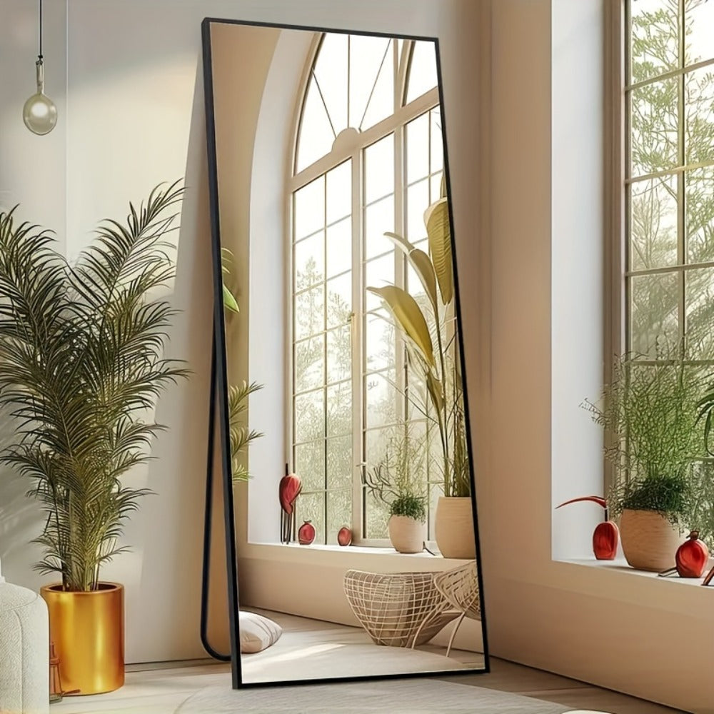 Full Length Mirror Floor Standing, Arched & Rect Body Mirror with Stand, Hanging or Leaning Wall Mirror, Aluminum Alloy Thin Frame