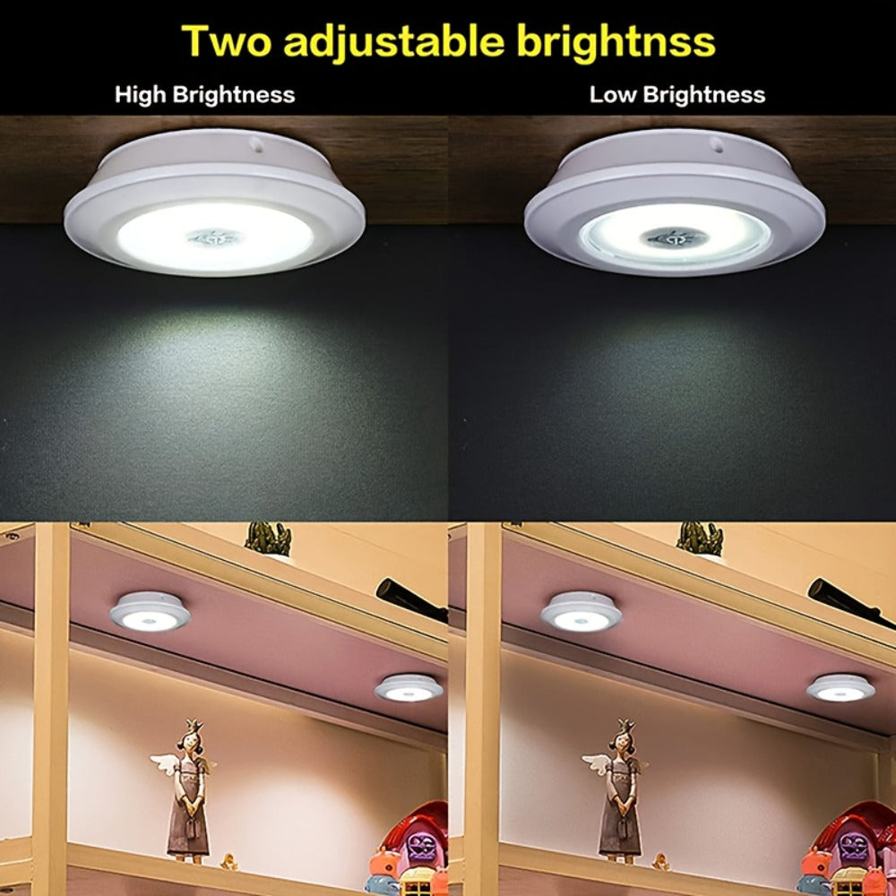 Five-Piece Round LED Puck Light Set with Wireless Remote, Adhesive or Magnetic Mounting and Timer