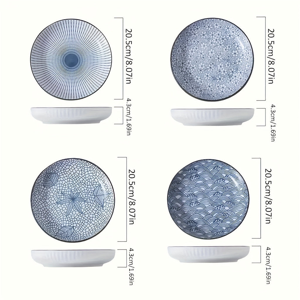 Japanese Ceramic Plates Set of 4, Floral Yamada Pattern Dinnerware, 7-Inch Round Serving Plates with Edge