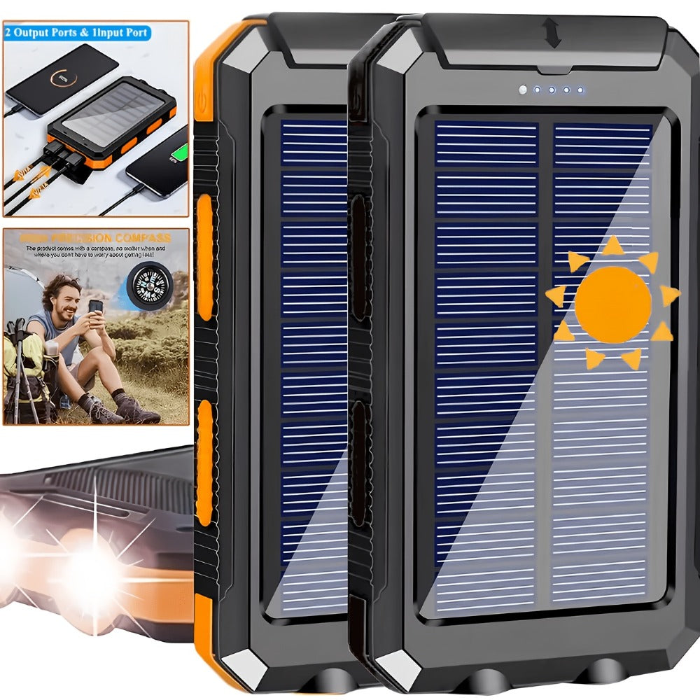 Solar Power Bank 20000mAh Outdoor Portable Charger with LED Flashlight SOS Compass & Carabiner Hook