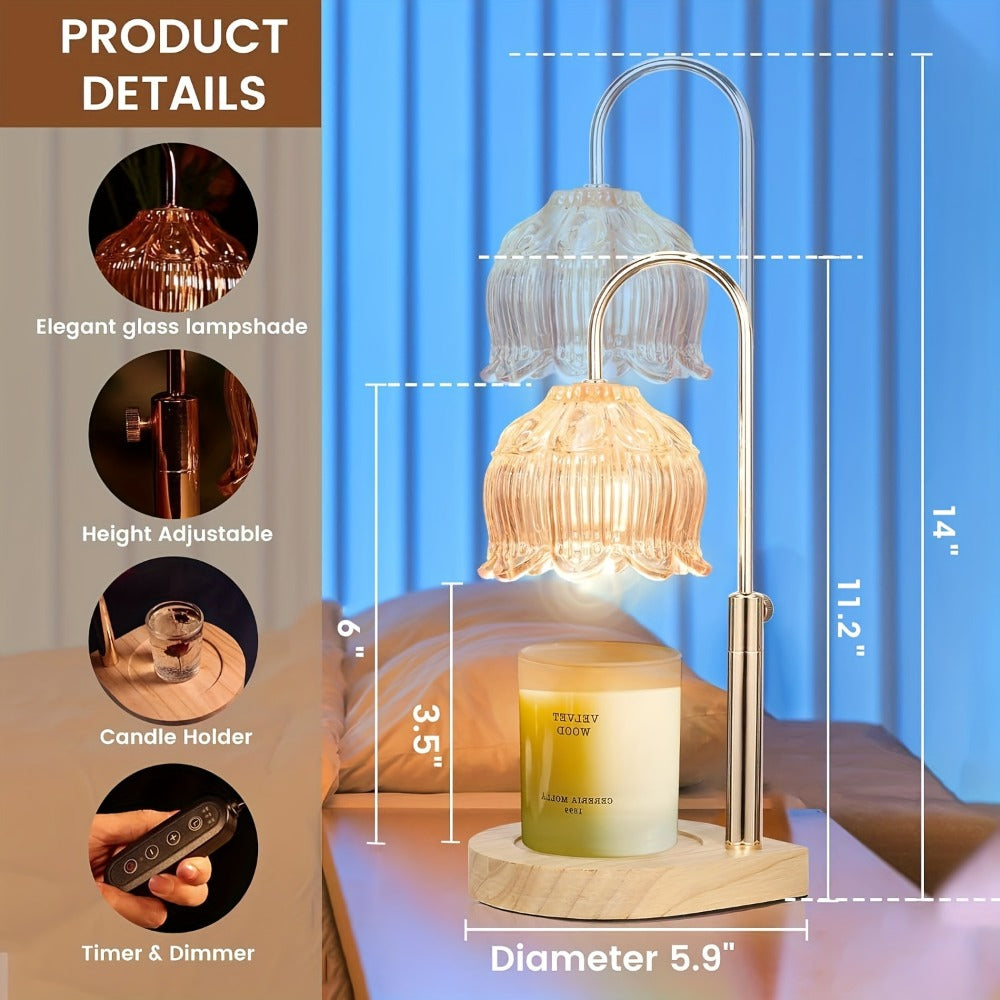 Lily-Glass Candle Warmer Lamp with Silver-Tone Post, Wood-Look Base, Three Brightness Levels and 2/4/8-Hour Timer