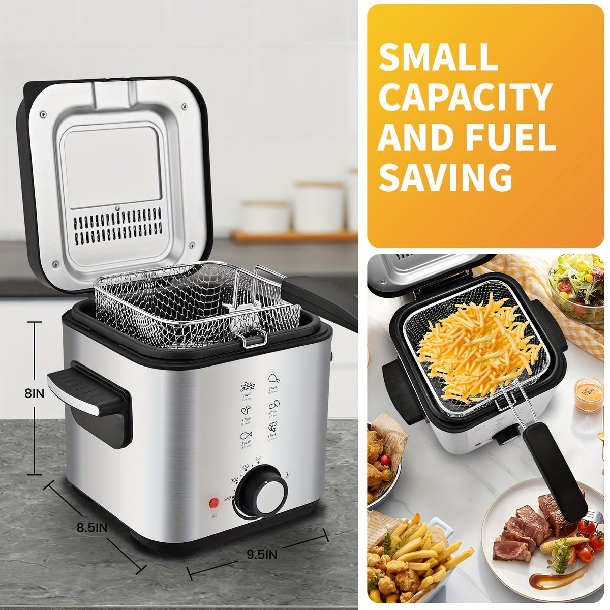 Black Deep Fryer in 1.5L to 6L Sizes with Foldable Basket Handle, Transparent Window and Removable Lid