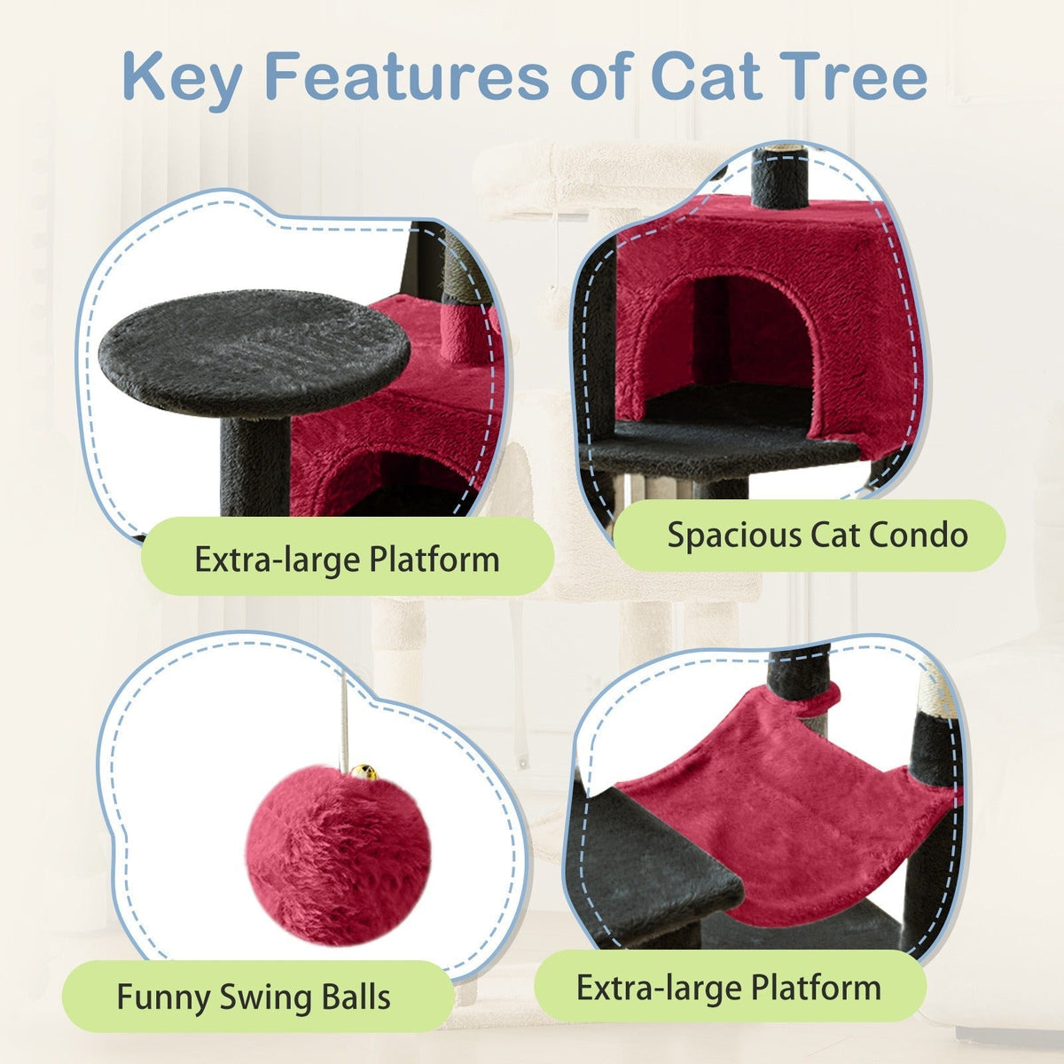 Multi-Level 44in Cat Tower with Enclosed Condo, Hammock, Round Platforms and Sisal-Wrapped Posts