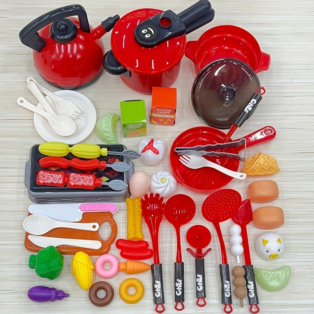 Pretend Play Kitchen Set for Kids, 51PCS Toy Cooking Utensils, Tableware & Play Food for Home Cooking, Dining and Outdoor Meals
