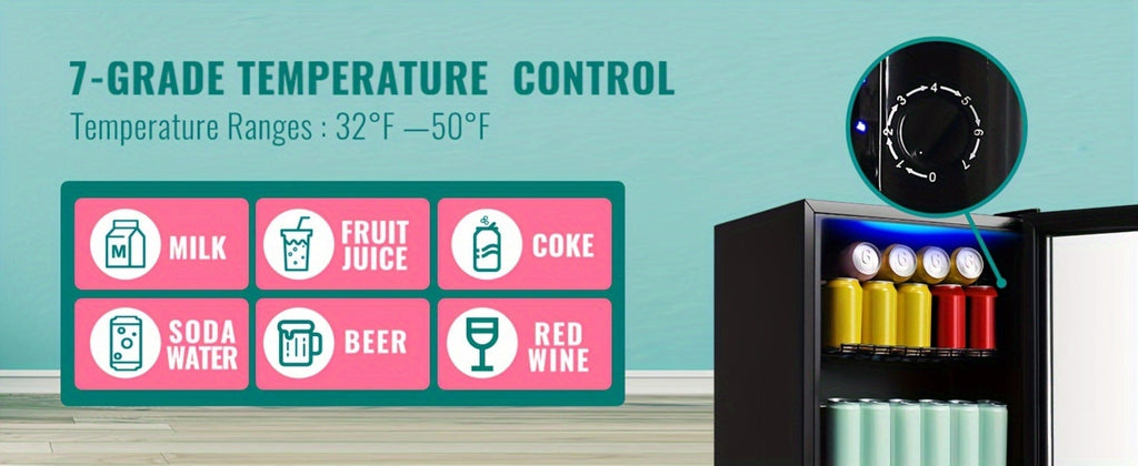 Beverage Refrigerator with Glass Door, Mini Drink Cooler Fridge with Blue LED Light, 3 Adjustable Shelves & R600a Compressor