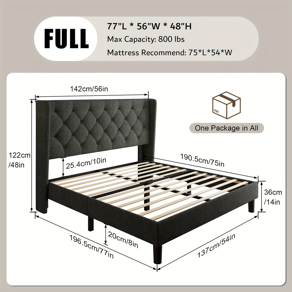 Bed Frame Upholstered Platform with 24-Inch Button-Tufted Headboard, Solid Wood Slats and Sculptural Legs