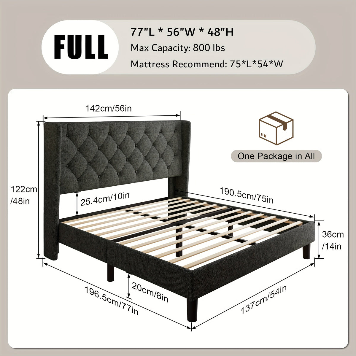 Bed Frame Upholstered Platform with 24-Inch Button-Tufted Headboard, Solid Wood Slats and Sculptural Legs
