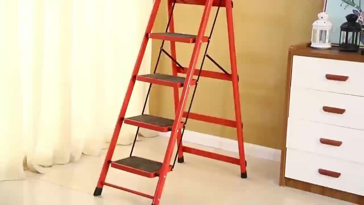 Folding Step Ladder 3 / 4 / 5 Step with Anti-Slip Pedal & Tool Tray, Portable Steel Step Stool for Adults