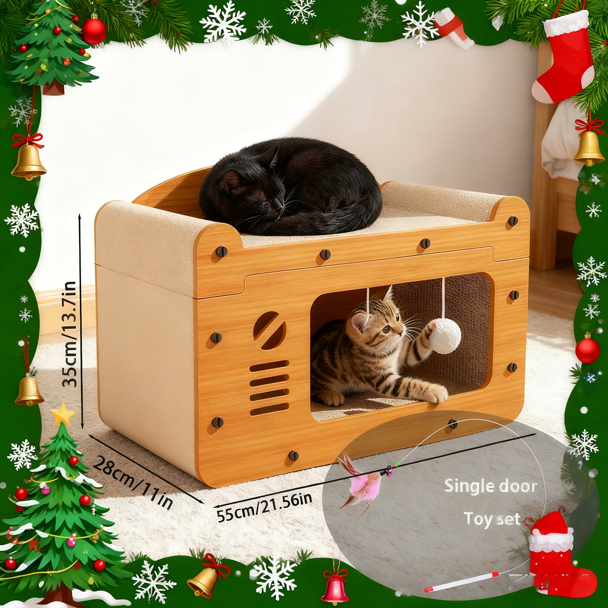 Large Cat House with Scratcher Pad & Plush Ball Toys, Ventilated Multi-Functional Indoor Outdoor Cat Shelter