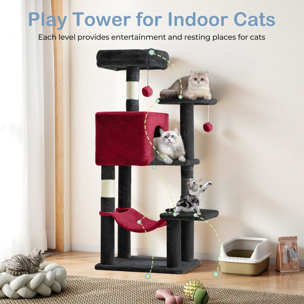Multi-Level 44in Cat Tower with Enclosed Condo, Hammock, Round Platforms and Sisal-Wrapped Posts
