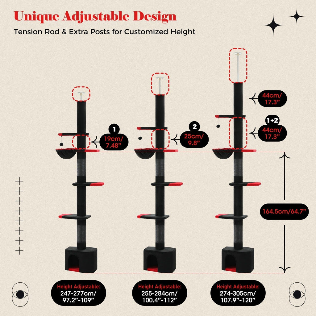 Floor to Ceiling Cat Tree Tower 90–107" – 4-Tier Tall Adjustable Cat Climbing Post with Tension Rod | Ceiling-Mounted Stable Cat Activity