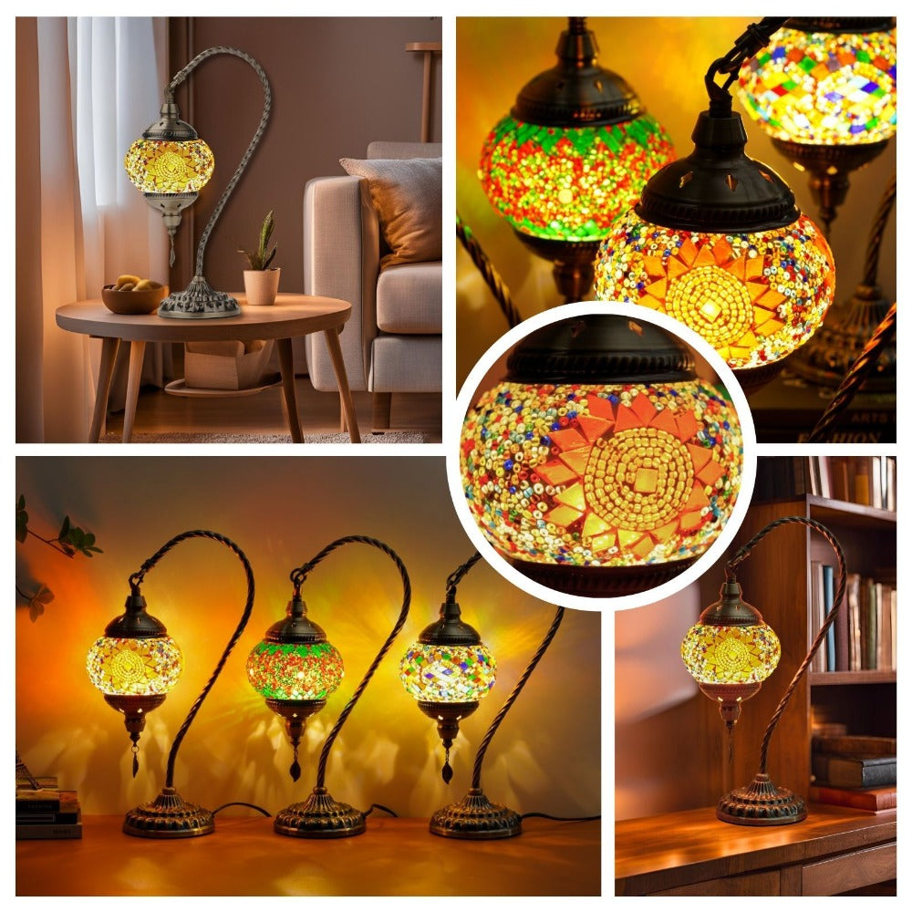 Table Lamp with Swan-Neck Mosaic Glass Shade, Metal Base, Six Color Options and Three White-Light Modes