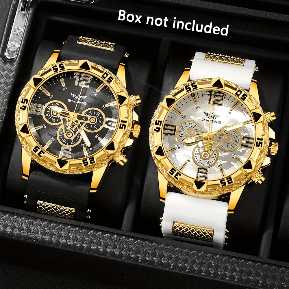 Men's Quartz Watch Two-Piece Set with Silicone Bands in Five Black, White, Silver, Gold and Blue Pairings
