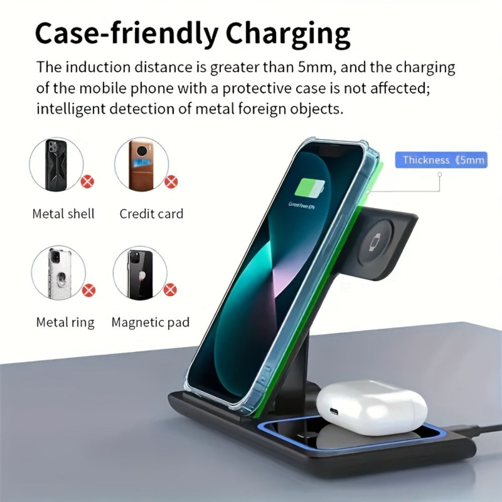 Wireless Charging Station, 3-in-1 15W Upright Stand with QC3.0 Adapter for iPhone, Watch and AirPods Models