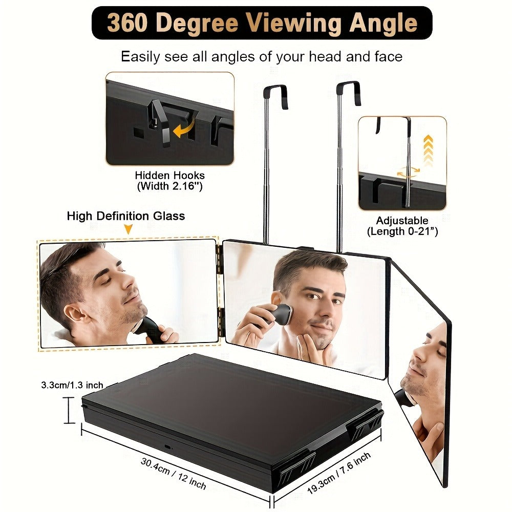 Barber Mirror, 3 Way Mirror for Self Hair Cutting with LED Lights, 360° View Anti-Fog HD Glass USB Rechargeable Folding Barber Mirror