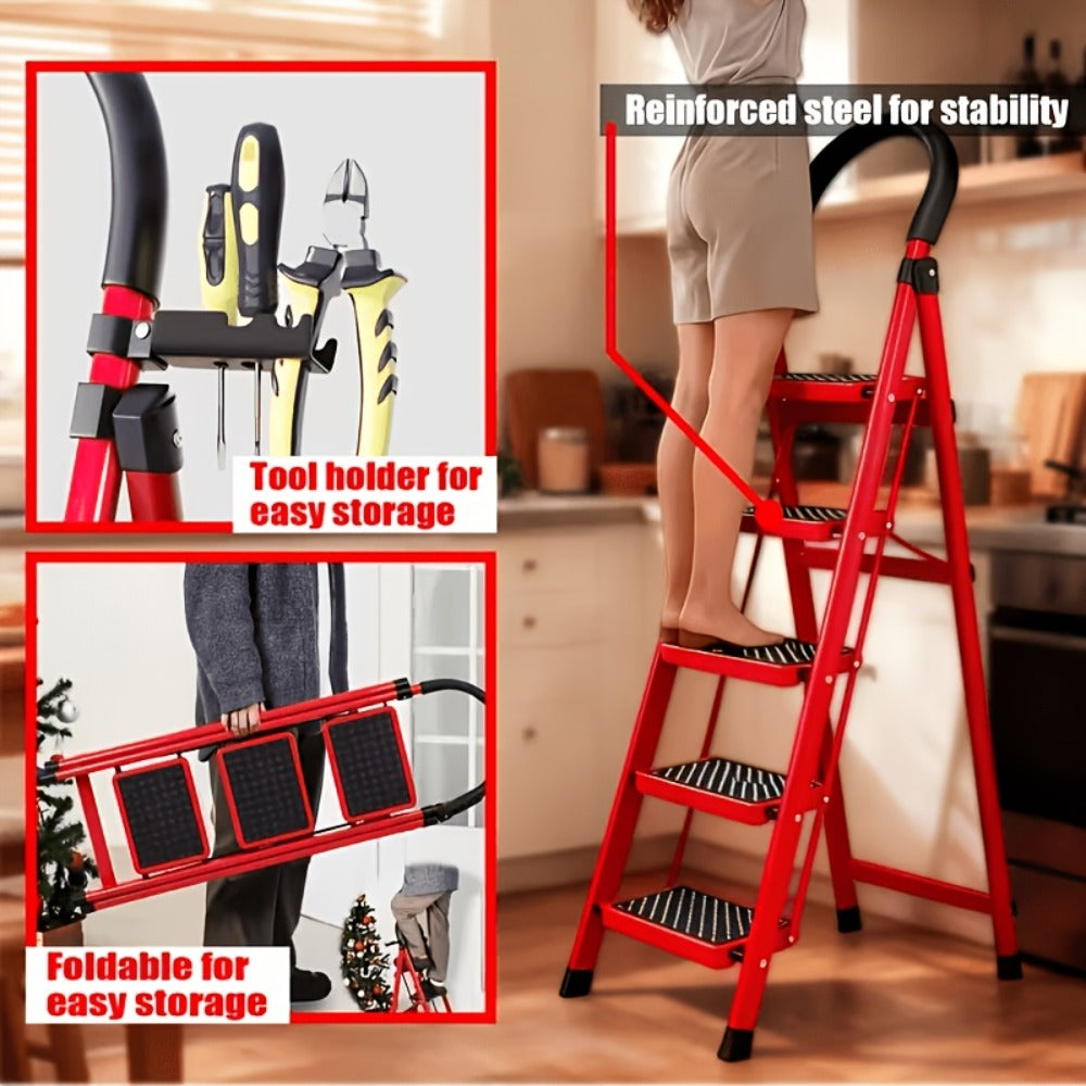 Folding Metal Step Ladder with Handrail, Ribbed Treads and Two-, Three-, Four- or Five-Step Options
