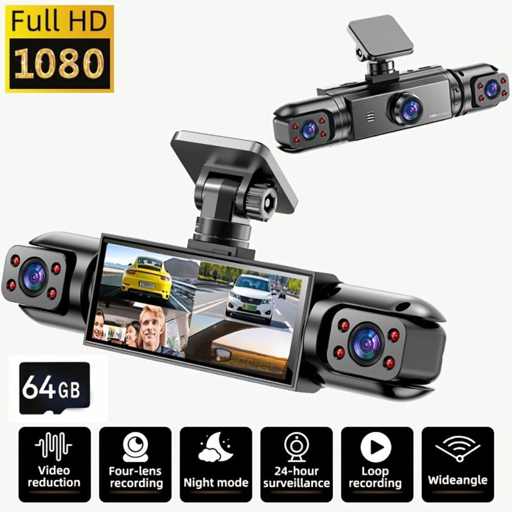360° 4-Channel Dash Cam 1080P Front + 720P Rear Left Right Full Coverage, WDR Night Vision, G-Sensor, Loop Recording