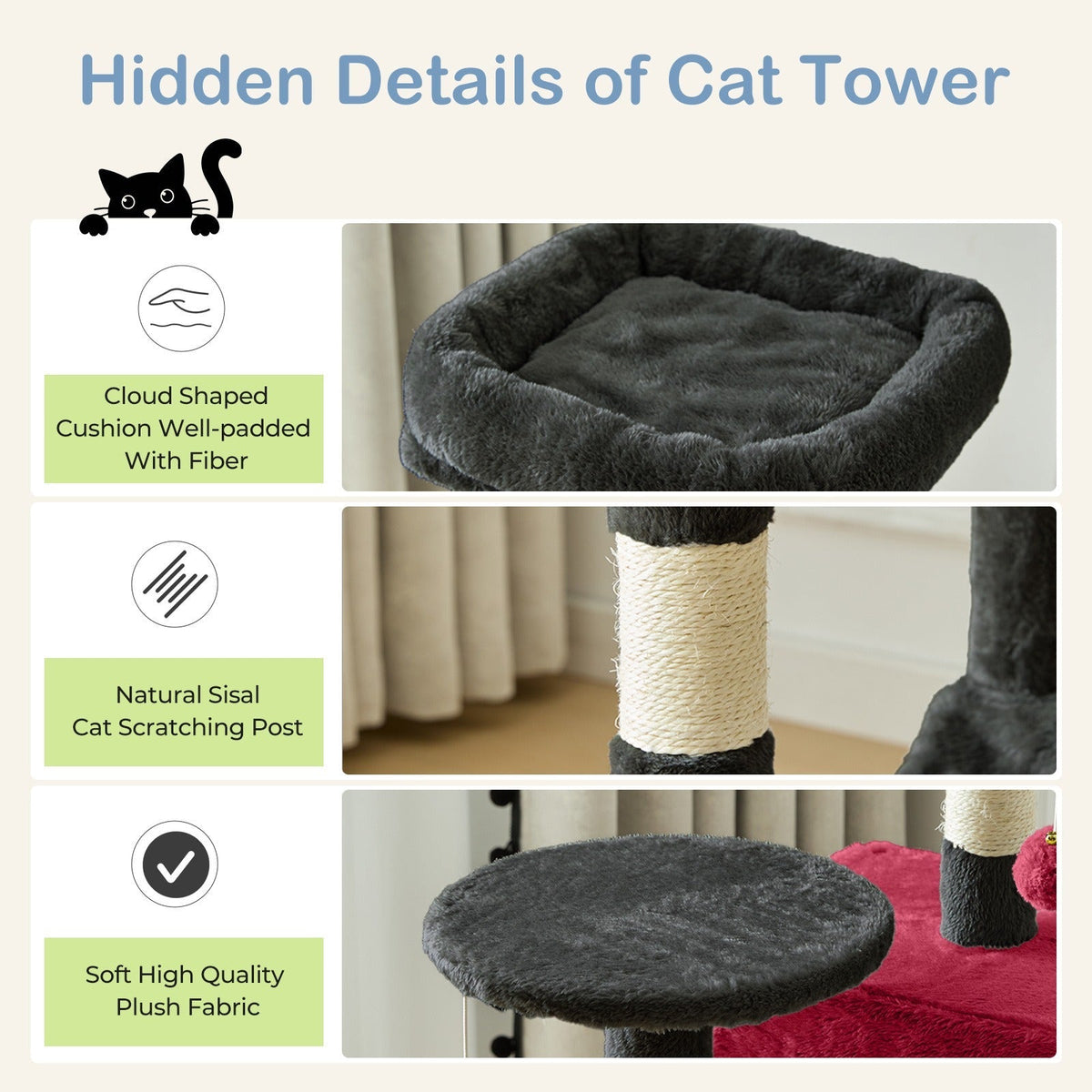 Multi-Level 44in Cat Tower with Enclosed Condo, Hammock, Round Platforms and Sisal-Wrapped Posts