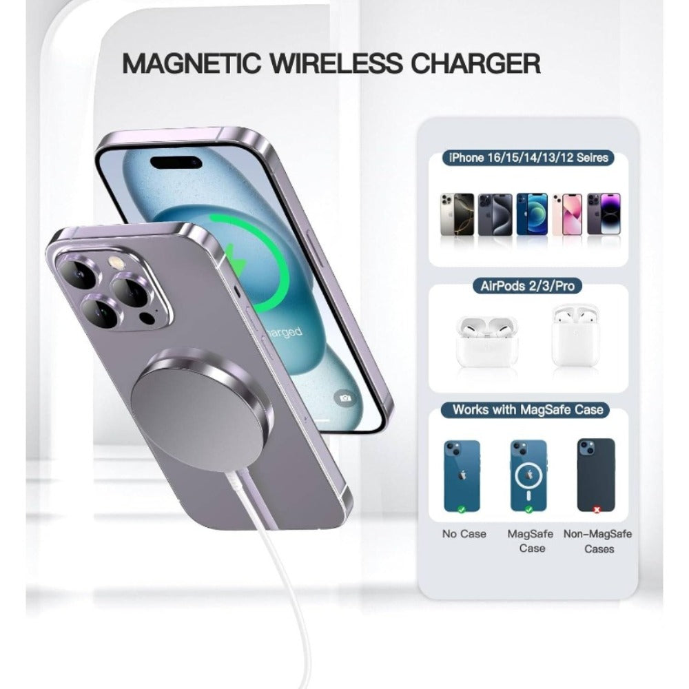 Two-Piece Silver-Tone Magnetic Wireless Charging Pad Set with Round Faces and Pictured USB Cables