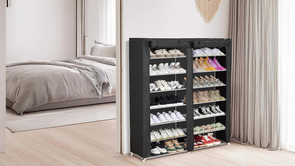 Shoe Rack 9-Tier Portable Double-Row Organizer for Up to 42 Pairs with Black Nonwoven Fabric Cover