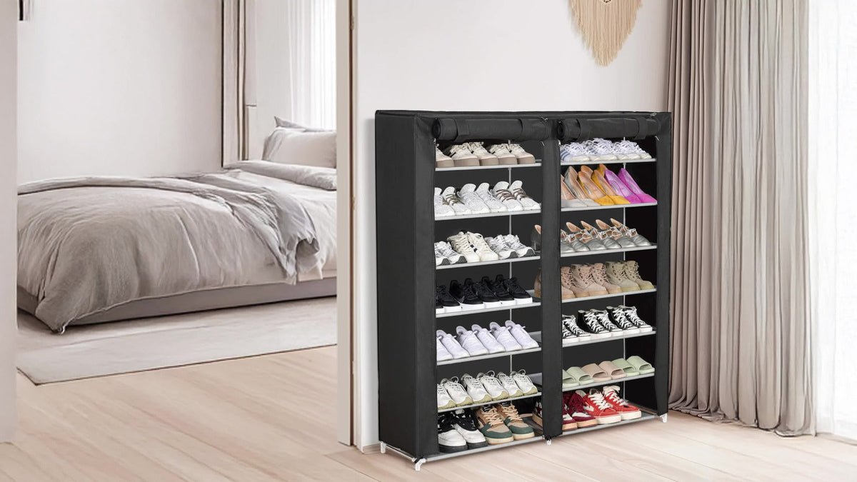 Shoe Rack 9-Tier Portable Double-Row Organizer for Up to 42 Pairs with Black Nonwoven Fabric Cover