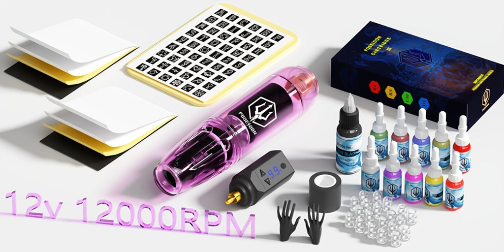 Tattoo Machine Kit POSEIDON SD01 Cordless Pen with 1500mAh Battery, Display, 20 Cartridges and 11 Inks