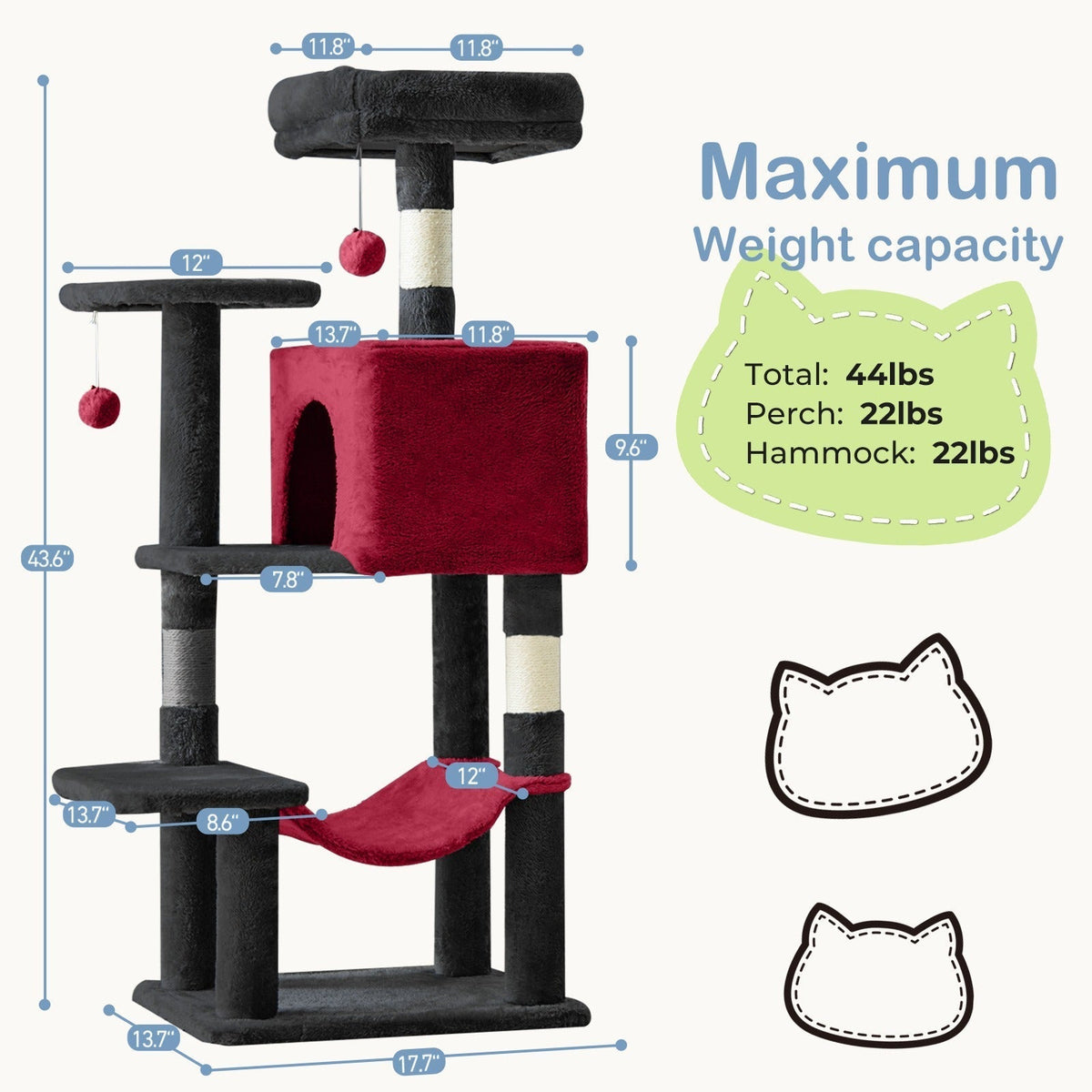 Multi-Level 44in Cat Tower with Enclosed Condo, Hammock, Round Platforms and Sisal-Wrapped Posts