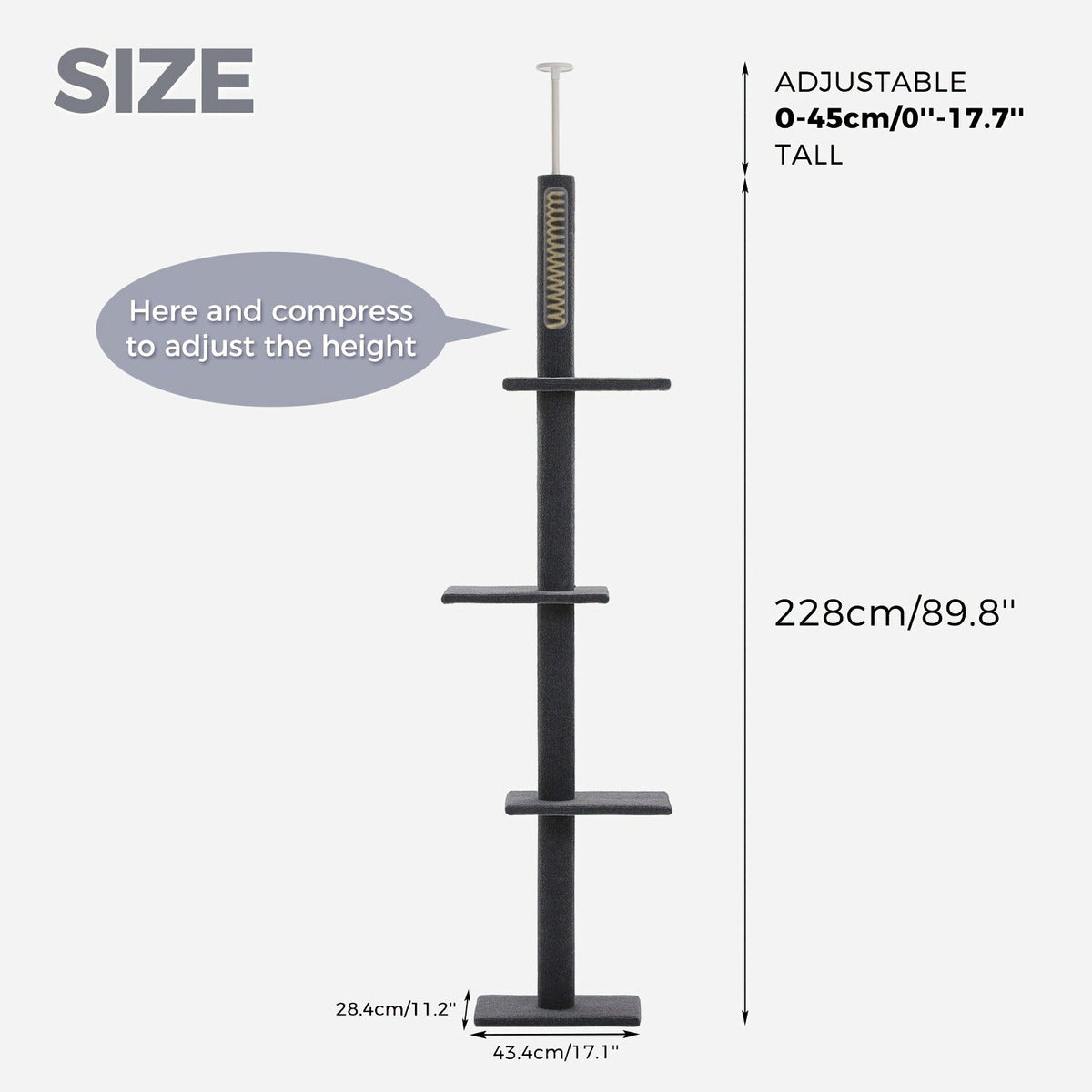 Floor to Ceiling Cat Tree Tower 90–107" – 4-Tier Tall Adjustable Cat Climbing Post with Tension Rod | Ceiling-Mounted Stable Cat Activity