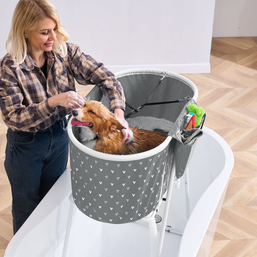 Elevated Foldable Pet Bathtub – Stand-Up Dog Grooming Tub with Carbon Steel Legs, 220 lbs Capacity & Expandable Drain Hose | 33"x18" PVC Tub