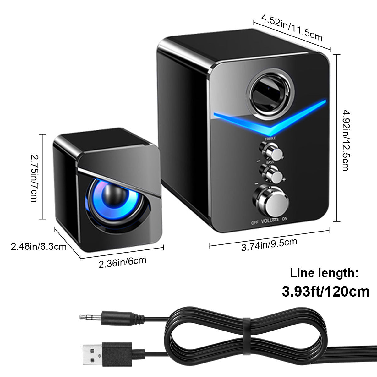 3-Piece Desktop Speaker System with Subwoofer | USB Powered PC Speakers, 3.5mm Audio Jack, Independent Bass & Treble Control