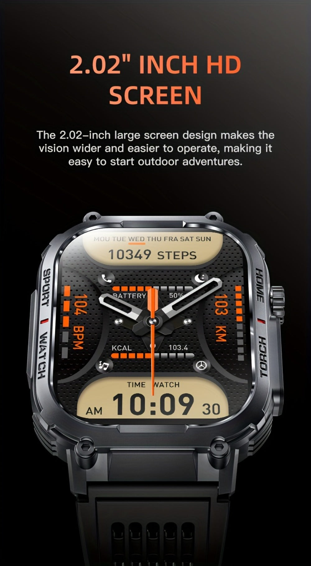 Smartwatch for Men 2.02 Inch with LED Flashlight, Wireless Calling and Activity Tracking for Outdoor Use
