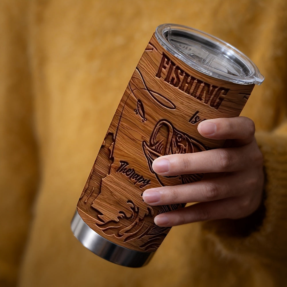 20oz Brown Fisherman-Graphic Tumbler with Clear Lid, Metal Straw and 7.2 x 17.5 cm Pictured Size