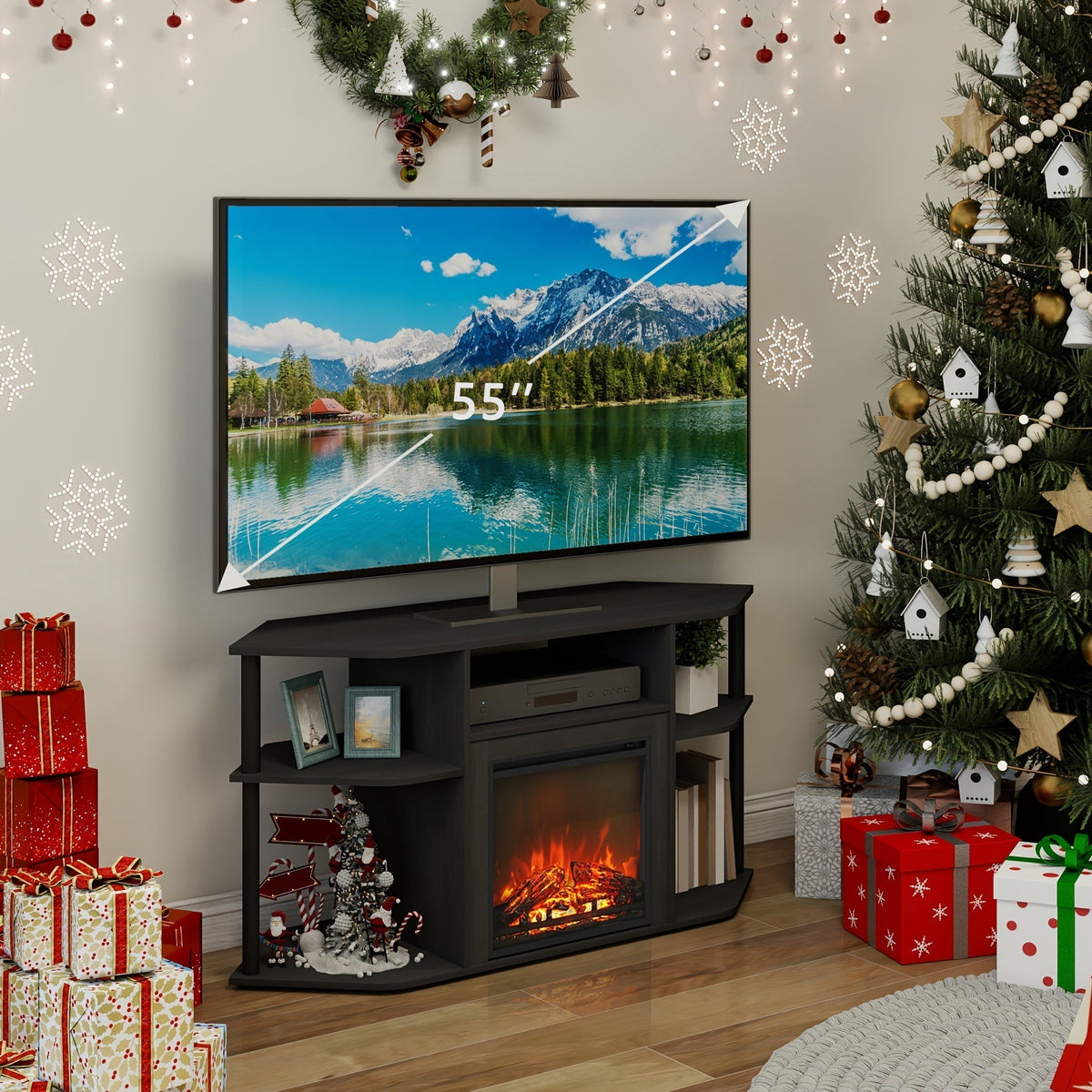 Corner TV Stand with Electric Fireplace, 55" Entertainment Center with Open Storage Shelves & Decorative Plastic Poles