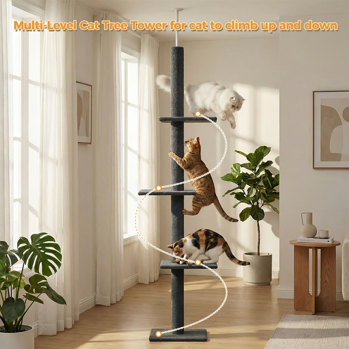 Floor to Ceiling Cat Tree Tower 90–107" – 4-Tier Tall Adjustable Cat Climbing Post with Tension Rod | Ceiling-Mounted Stable Cat Activity