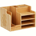 Wooden Desktop Document Organizer with File Slots, Open Shelves, Small Drawer and Approximately 38 cm Width
