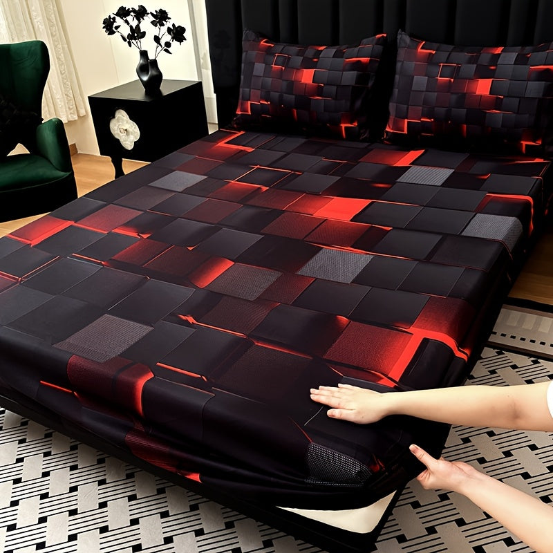 Fitted Sheet Set 3 Piece Digital Print Plaid – Deep Pocket 15 Inch Bed Sheet with 2 Pillowcases, 85% Polyester Soft Breathable Bedding Set
