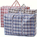 Storage Bag Set, 3-Piece Checkered Fabric Moving Organizers with Zipper Closures, Carry Handles and Foldable Design