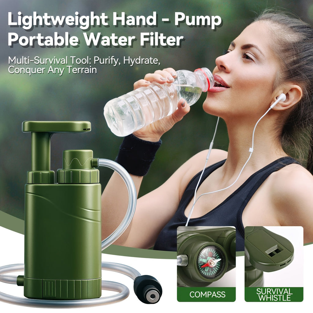 Portable Hand-Pump Water Filter Kit with Green Pump, Clear Hose, Filter Cartridge, Bag and Pictured Accessories