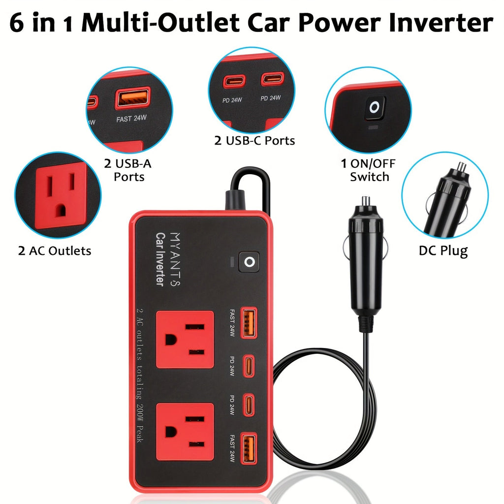 Red 200W Car Power Inverter with Two AC Outlets, USB-A and USB-C Ports, Switch and 12V Plug