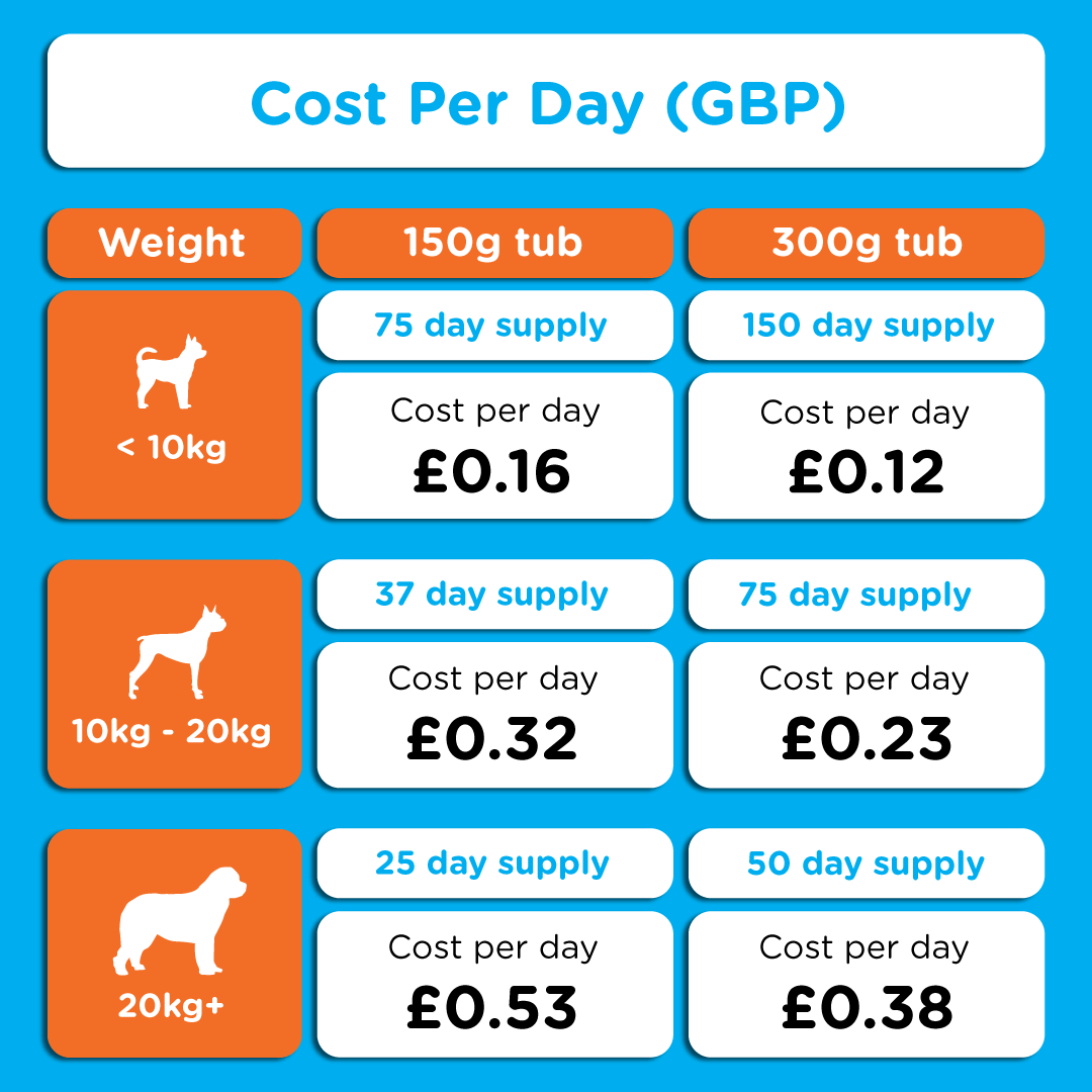 Cost-per-day chart in pounds sterling showing daily cost of Canident for small, medium, and large dogs.