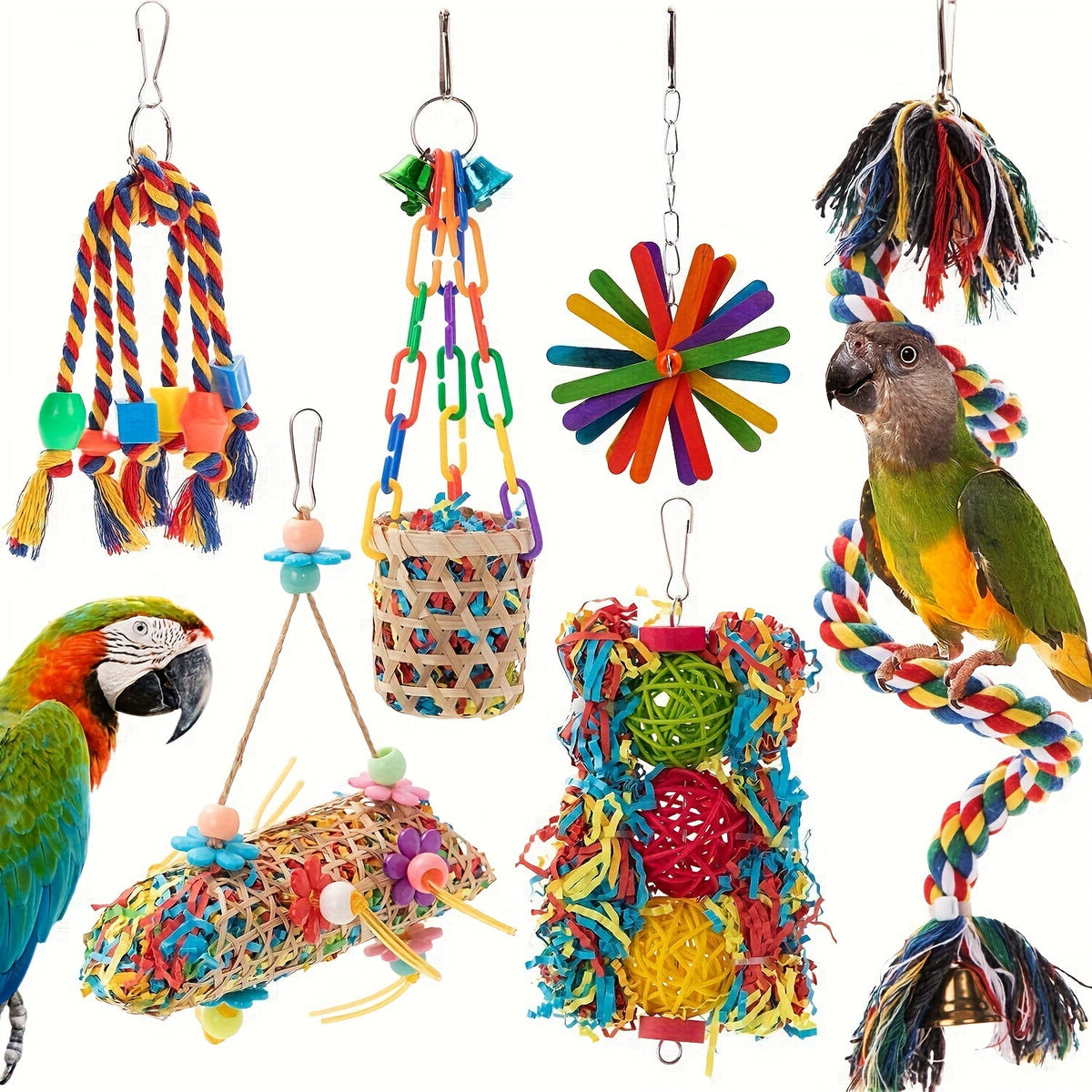 Bird Parrot Toys Set 6 Pieces Handmade Wooden Chew Toys Hammock Swing Perch Cage Accessories for Cockatiels Lovebirds Finches Parakeets