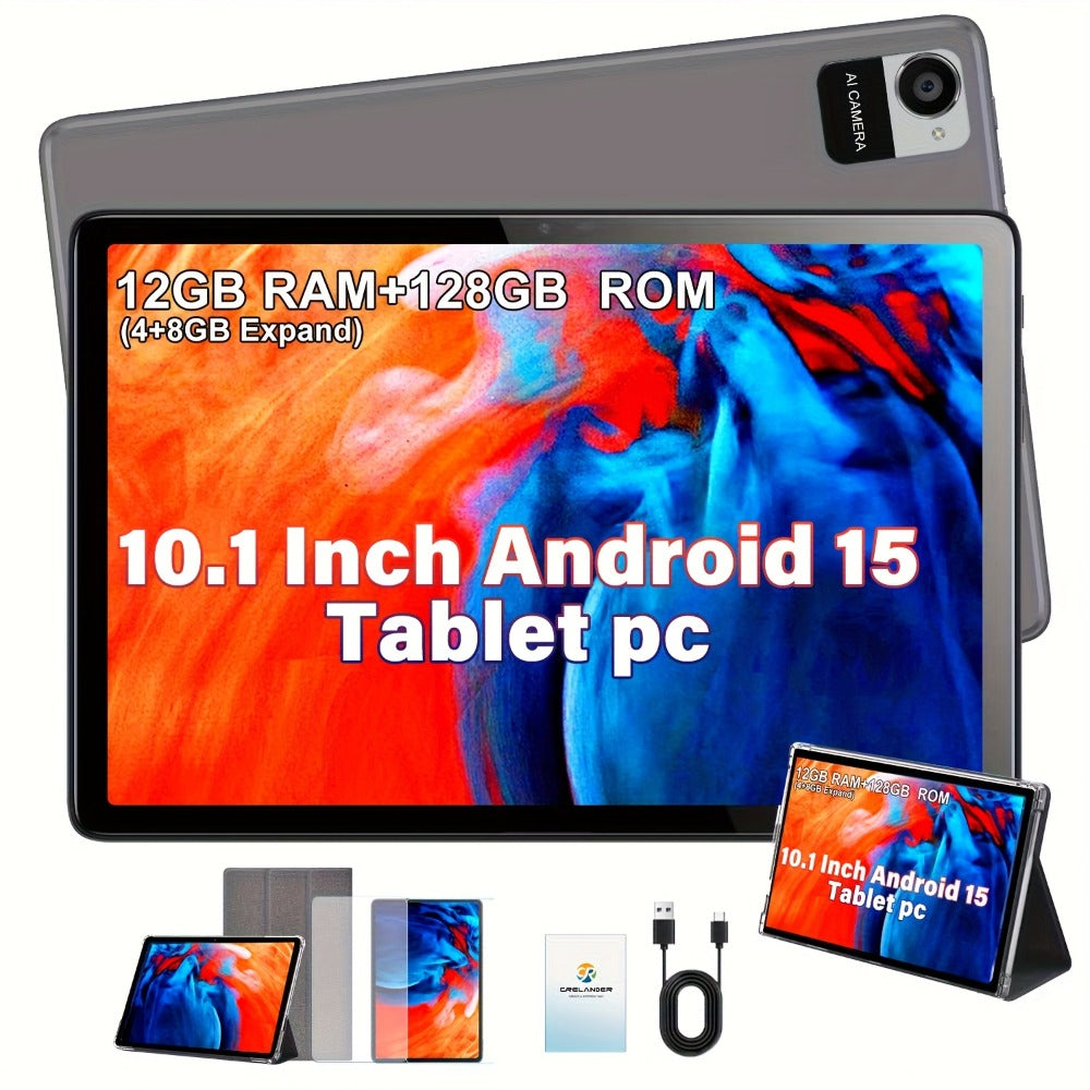 CRELANDER 10.1 Inch Android 15 Tablet 2-in-1 with Wireless Keyboard, Mouse, Case & Stylus, 128GB ROM 12GB RAM 1TB Expandable