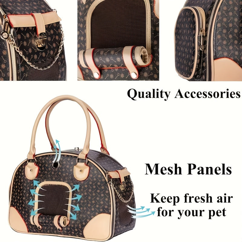 Patterned Pet Carrier Handbag with Mesh Side Panel, Top Handles and 17 x 12 x 8-Inch Pictured Size