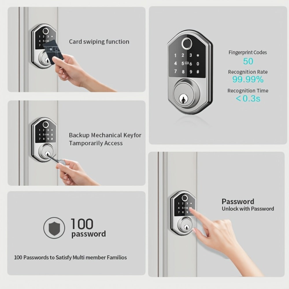 Smart Door Lock Deadbolt with Fingerprint PIN Key and Card or Cardless Black Silver Configurations
