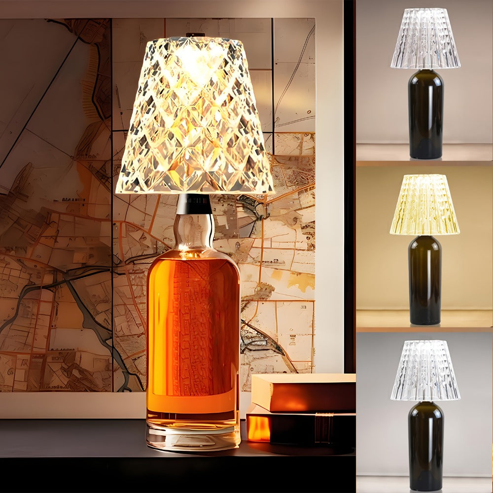 Rechargeable LED Bottle Table Lamp 2 Pack – Crystal Acrylic Wine Bottle Design, 2000mAh Cordless, 3 Color Modes