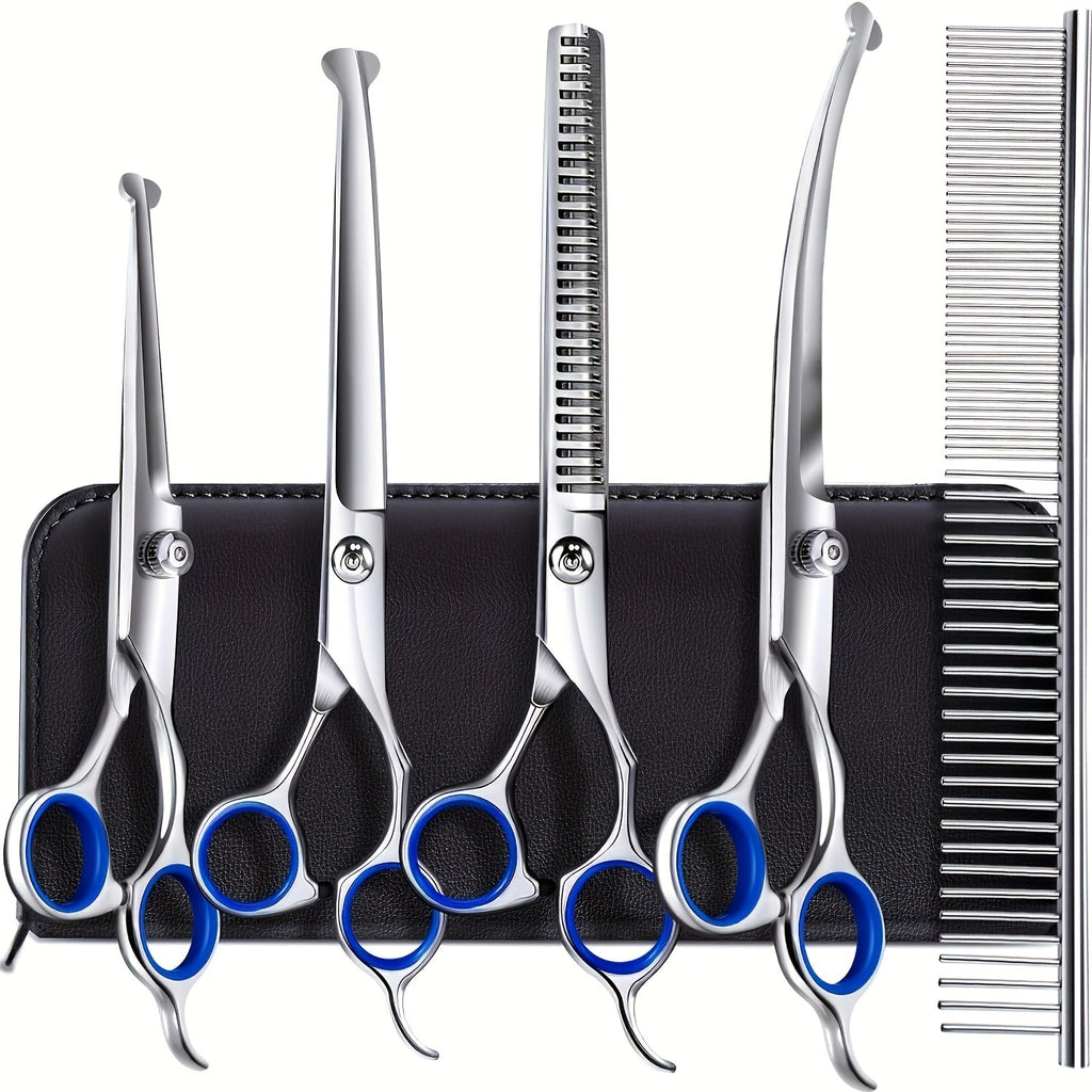 Dog Grooming Scissors Set 6-in-1 Titanium Coated Stainless Steel Pet Shears Safety Round Tip for Dogs Cats Universal Hand Orientation