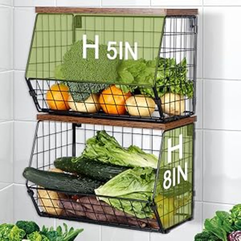 Wall-Mounted Fruit Basket with Wooden Cover – 2-Tier Metal Kitchen Storage Basket with Hooks, Stackable Hanging Organizer for Potatoes