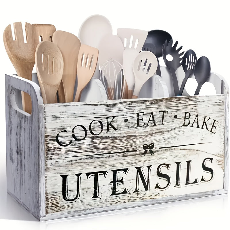 Wooden Kitchen Utensil Holder 3 Compartment Countertop Organizer, Rustic Wood Kitchen Tool Storage Box Wall Mounted or Countertop