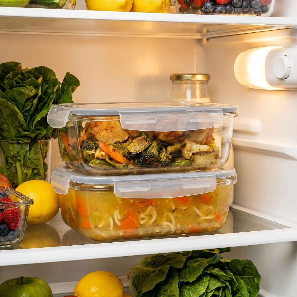 Food Storage Containers Two-Pack 63 oz Glass Set with Snap-Lock Lids in Gray or Green for Oven and Microwave Use